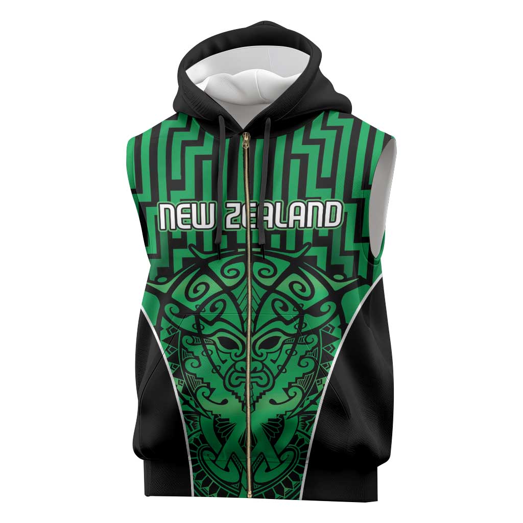 Custom Basketball New Zealand Sleeveless Zip Hoodie Green Maori Ta Moko Indigenous - Polynesian Pride