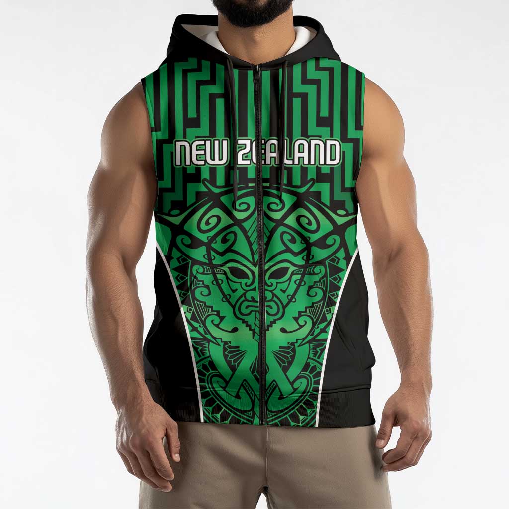 Custom Basketball New Zealand Sleeveless Zip Hoodie Green Maori Ta Moko Indigenous LT9 - Polynesian Pride
