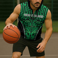 Custom Basketball New Zealand Sleeveless Zip Hoodie Green Maori Ta Moko Indigenous LT9 - Polynesian Pride
