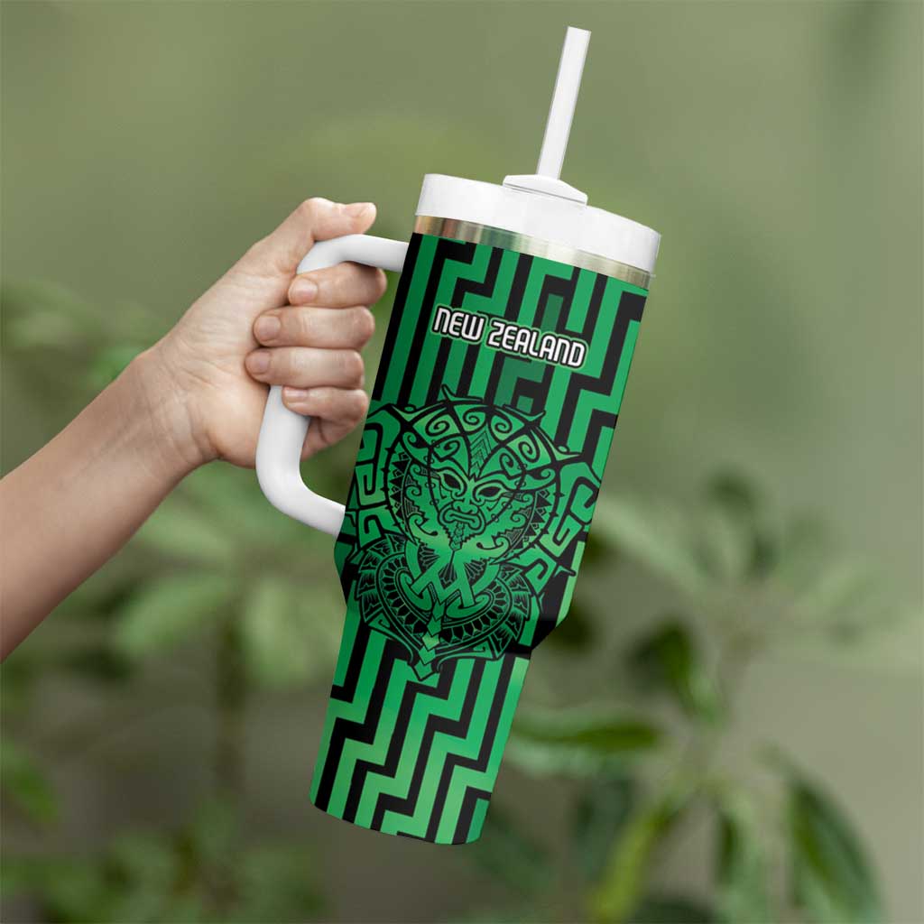 Custom Basketball New Zealand Tumbler With Handle Green Maori Ta Moko Indigenous LT9 - Polynesian Pride