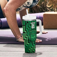 Custom Basketball New Zealand Tumbler With Handle Green Maori Ta Moko Indigenous LT9 - Polynesian Pride