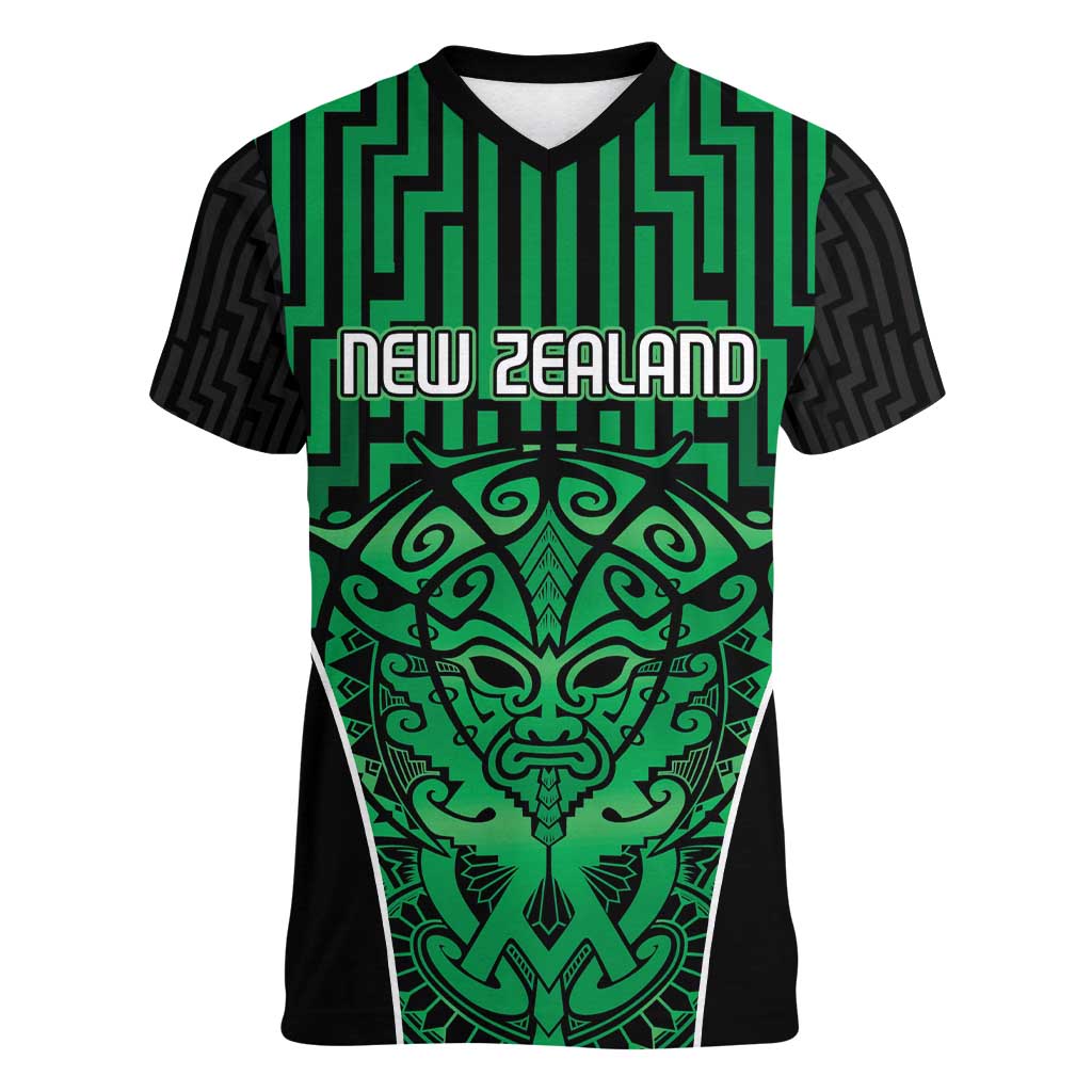Custom Basketball New Zealand Women V-Neck T-Shirt Green Maori Ta Moko Indigenous - Polynesian Pride