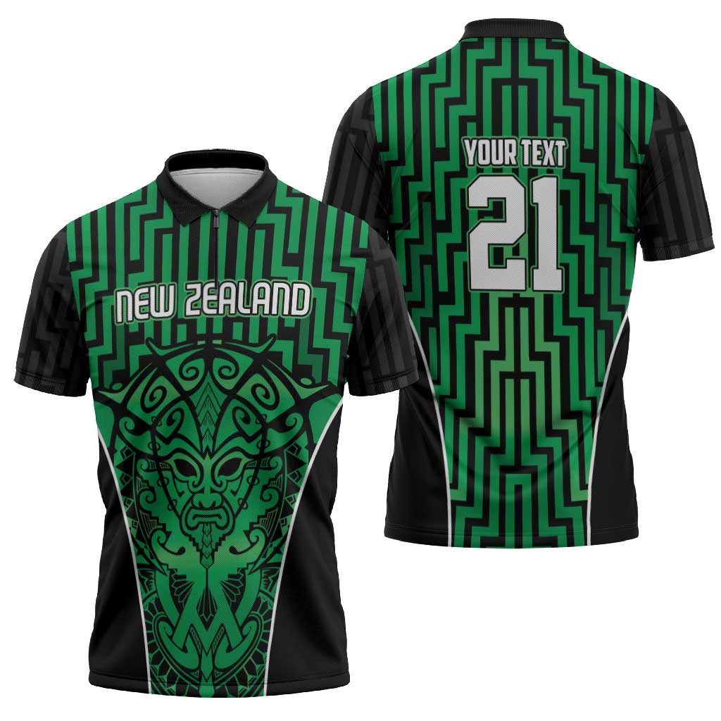 Custom Basketball New Zealand Zipper Polo Shirt Green Maori Ta Moko Indigenous LT9 - Polynesian Pride
