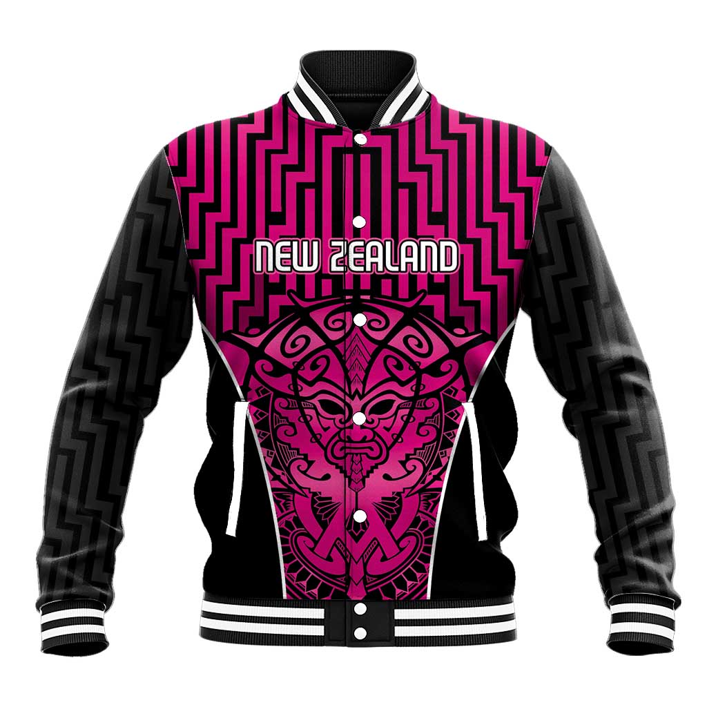 Custom Basketball New Zealand Baseball Jacket Pink Maori Ta Moko Indigenous - Polynesian Pride