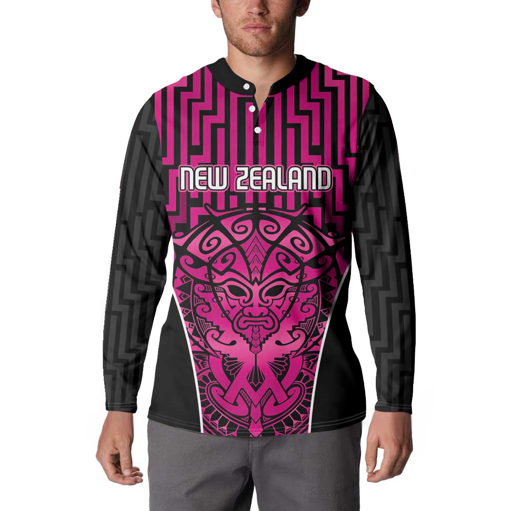 Custom Basketball New Zealand Button Sweatshirt Pink Maori Ta Moko Indigenous - Polynesian Pride