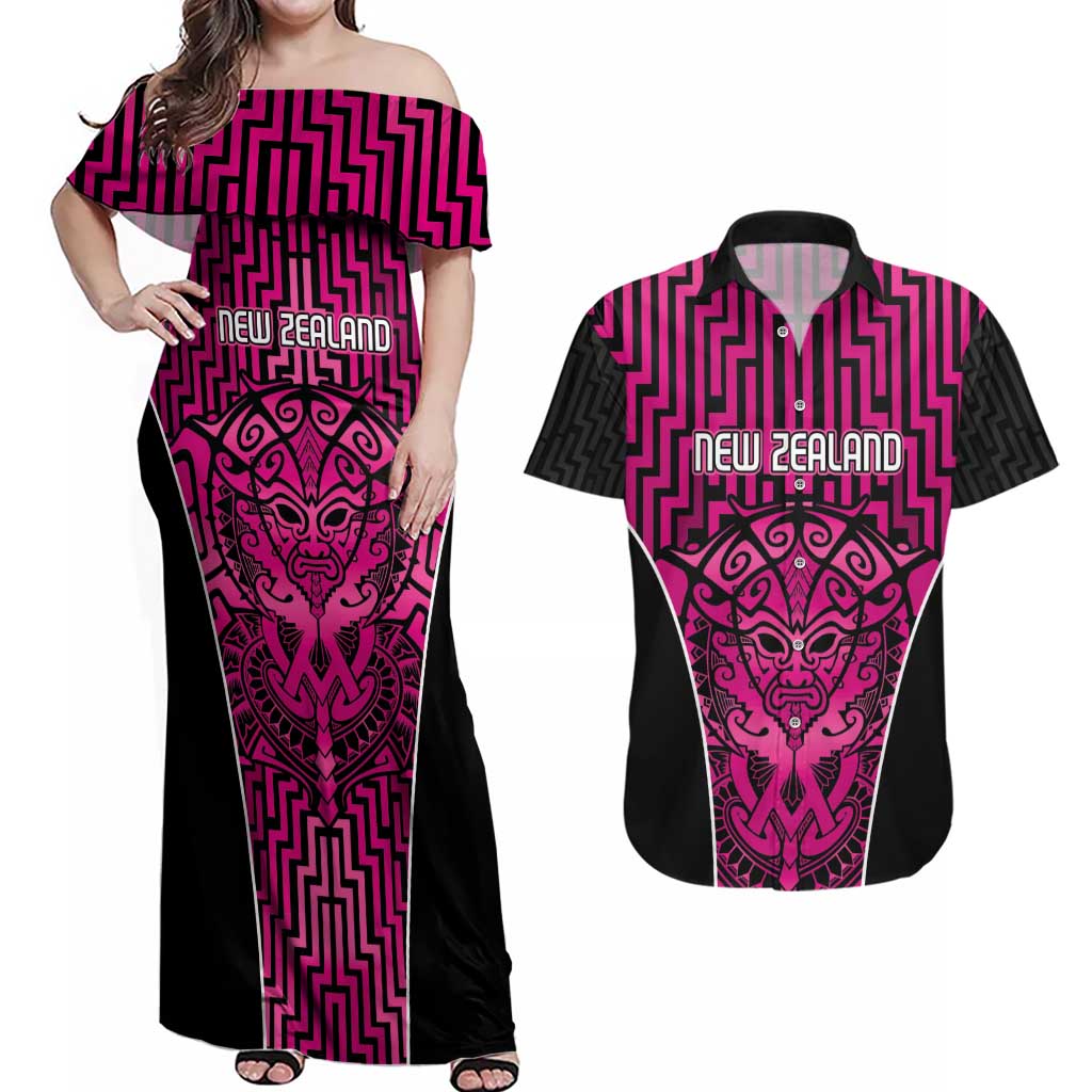Custom Basketball New Zealand Couples Matching Off Shoulder Maxi Dress and Hawaiian Shirt Pink Maori Ta Moko Indigenous LT9 Pink - Polynesian Pride