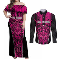 Custom Basketball New Zealand Couples Matching Off Shoulder Maxi Dress and Long Sleeve Button Shirt Pink Maori Ta Moko Indigenous LT9 Pink - Polynesian Pride