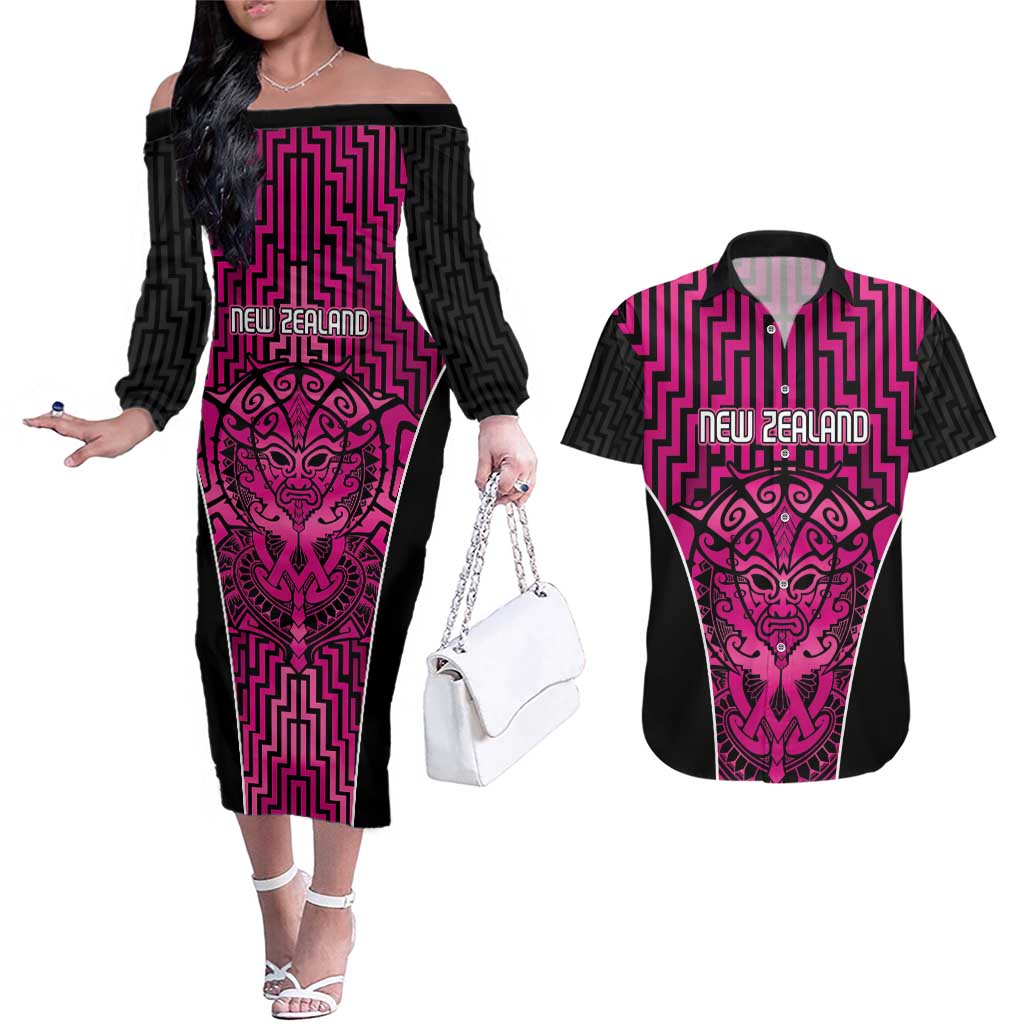 Custom Basketball New Zealand Couples Matching Off The Shoulder Long Sleeve Dress and Hawaiian Shirt Pink Maori Ta Moko Indigenous LT9 Pink - Polynesian Pride