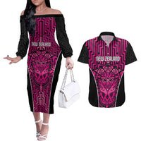 Custom Basketball New Zealand Couples Matching Off The Shoulder Long Sleeve Dress and Hawaiian Shirt Pink Maori Ta Moko Indigenous LT9 Pink - Polynesian Pride