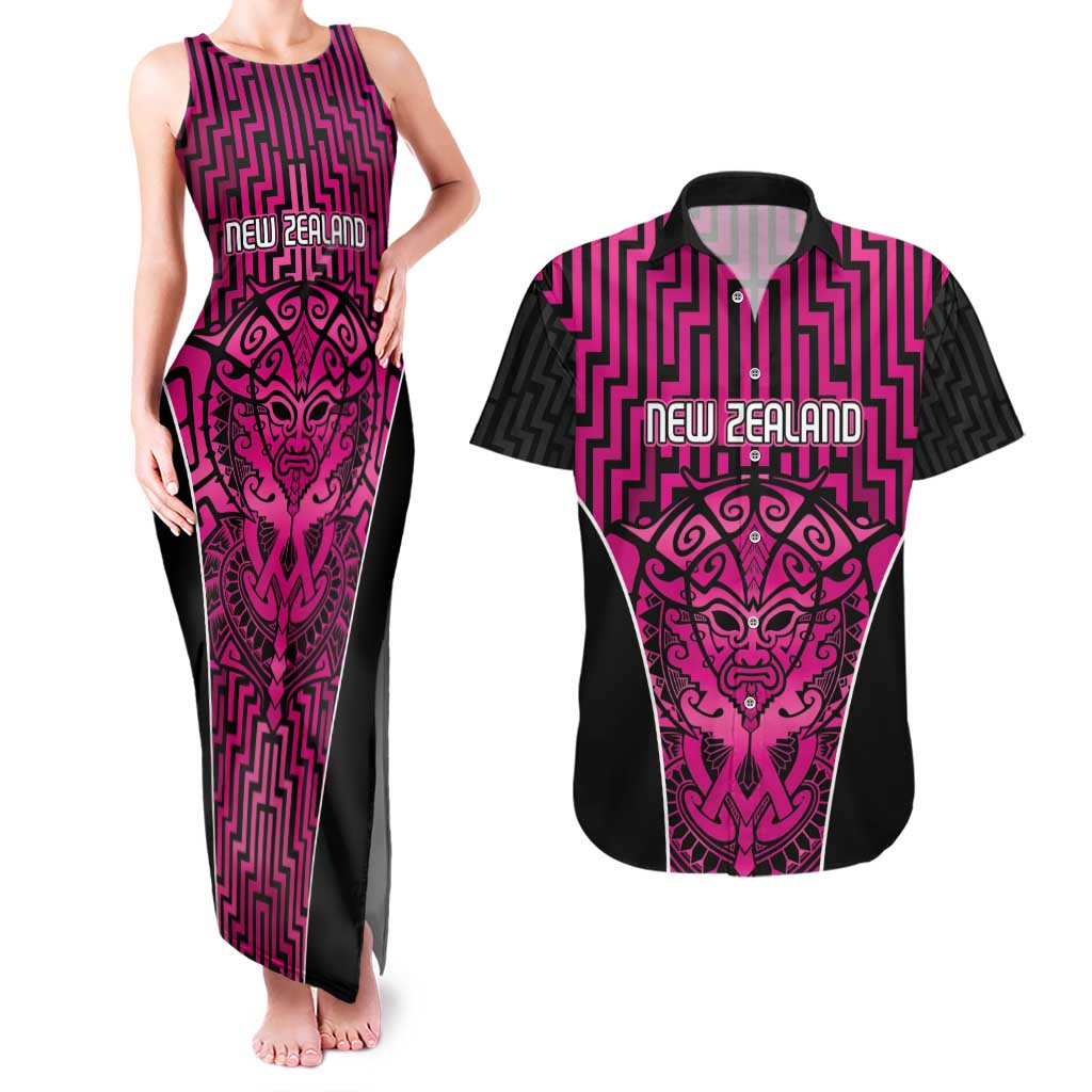 Custom Basketball New Zealand Couples Matching Tank Maxi Dress and Hawaiian Shirt Pink Maori Ta Moko Indigenous - Polynesian Pride