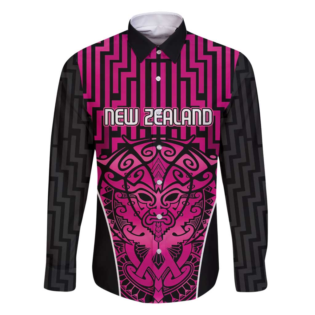 Custom Basketball New Zealand Family Matching Long Sleeve Bodycon Dress and Hawaiian Shirt Pink Maori Ta Moko Indigenous LT9 Dad's Shirt - Long Sleeve Pink - Polynesian Pride