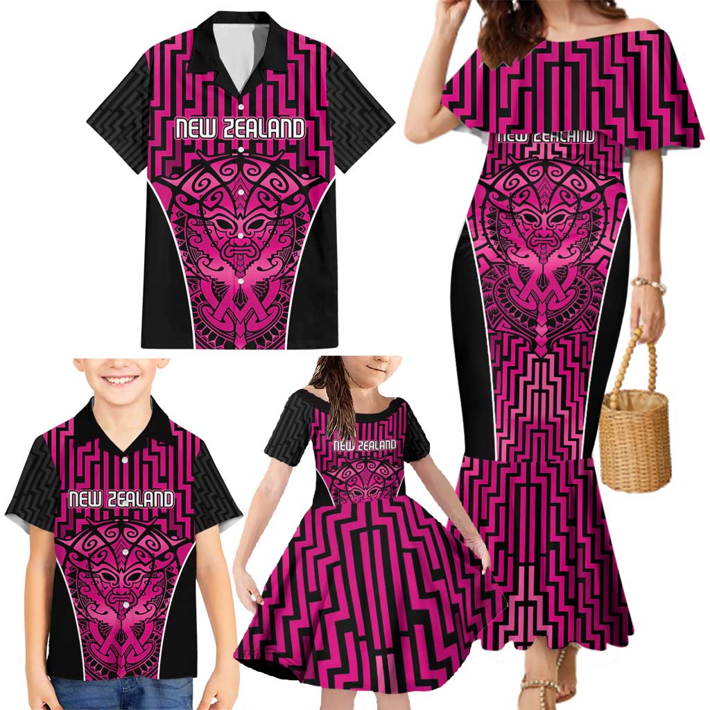 Custom Basketball New Zealand Family Matching Mermaid Dress and Hawaiian Shirt Pink Maori Ta Moko Indigenous - Polynesian Pride