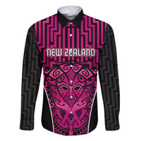 Custom Basketball New Zealand Family Matching Mermaid Dress and Hawaiian Shirt Pink Maori Ta Moko Indigenous LT9 Dad's Shirt - Long Sleeve Pink - Polynesian Pride