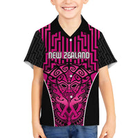 Custom Basketball New Zealand Family Matching Off The Shoulder Long Sleeve Dress and Hawaiian Shirt Pink Maori Ta Moko Indigenous LT9 Son's Shirt Pink - Polynesian Pride