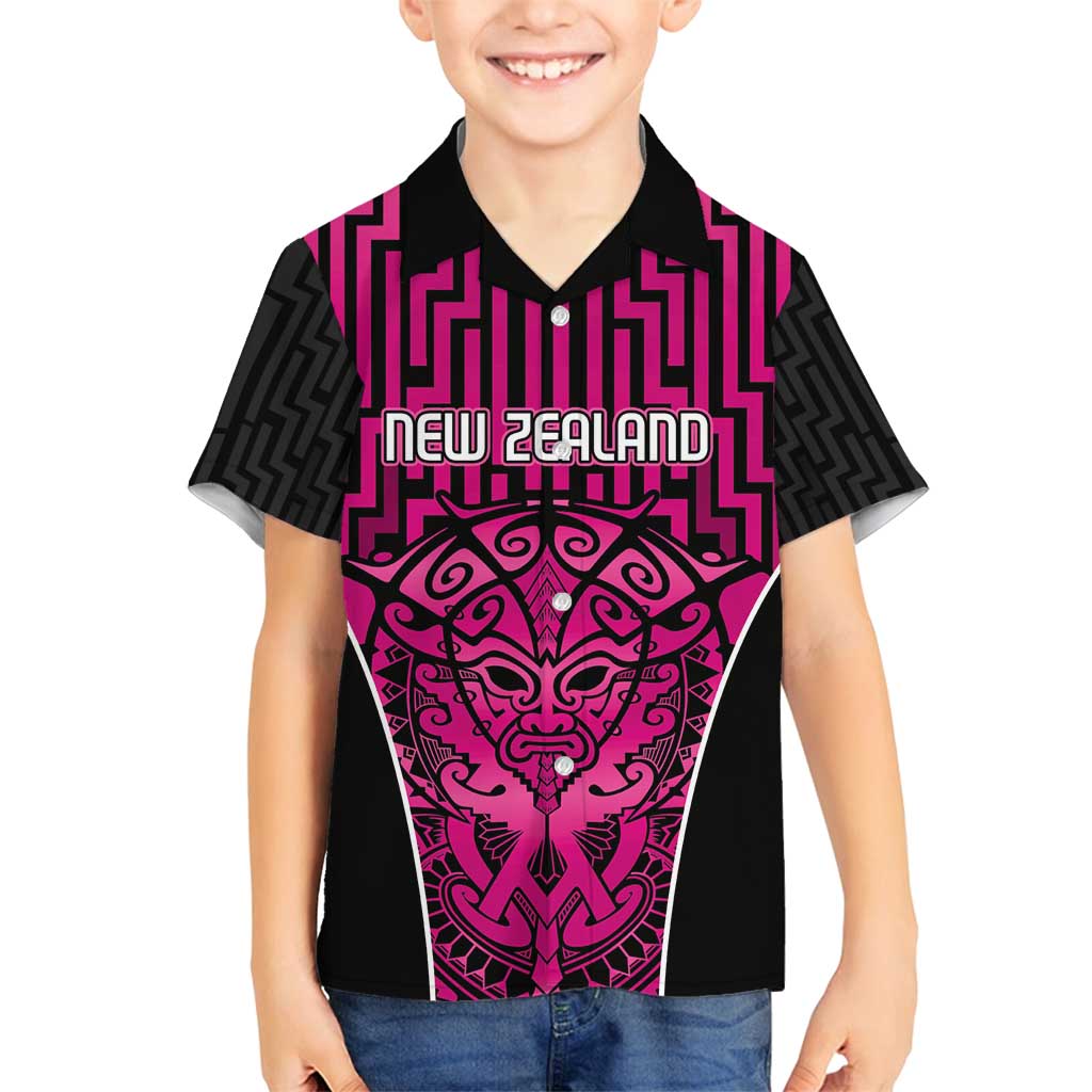 Custom Basketball New Zealand Family Matching Off Shoulder Maxi Dress and Hawaiian Shirt Pink Maori Ta Moko Indigenous LT9 Son's Shirt Pink - Polynesian Pride
