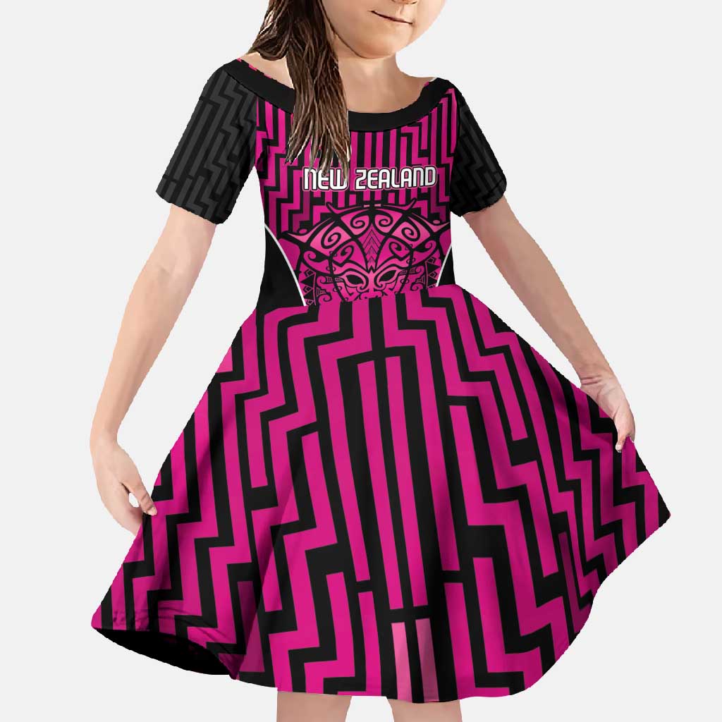 Custom Basketball New Zealand Family Matching Summer Maxi Dress and Hawaiian Shirt Pink Maori Ta Moko Indigenous LT9 Daughter's Dress Pink - Polynesian Pride