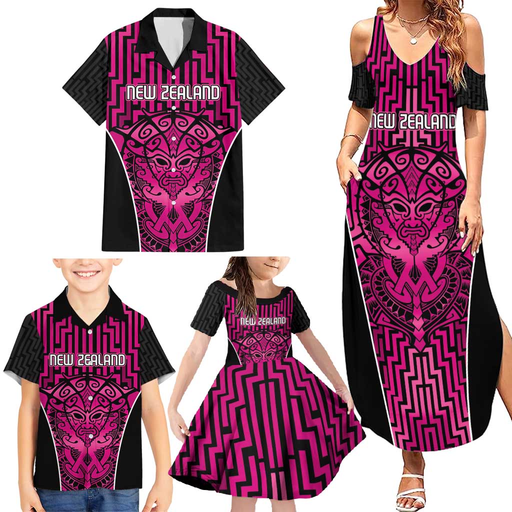 Custom Basketball New Zealand Family Matching Summer Maxi Dress and Hawaiian Shirt Pink Maori Ta Moko Indigenous LT9 - Polynesian Pride