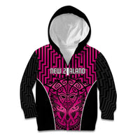 Custom Basketball New Zealand Kid Hoodie Pink Maori Ta Moko Indigenous LT9 Zip Hoodie Pink - Polynesian Pride