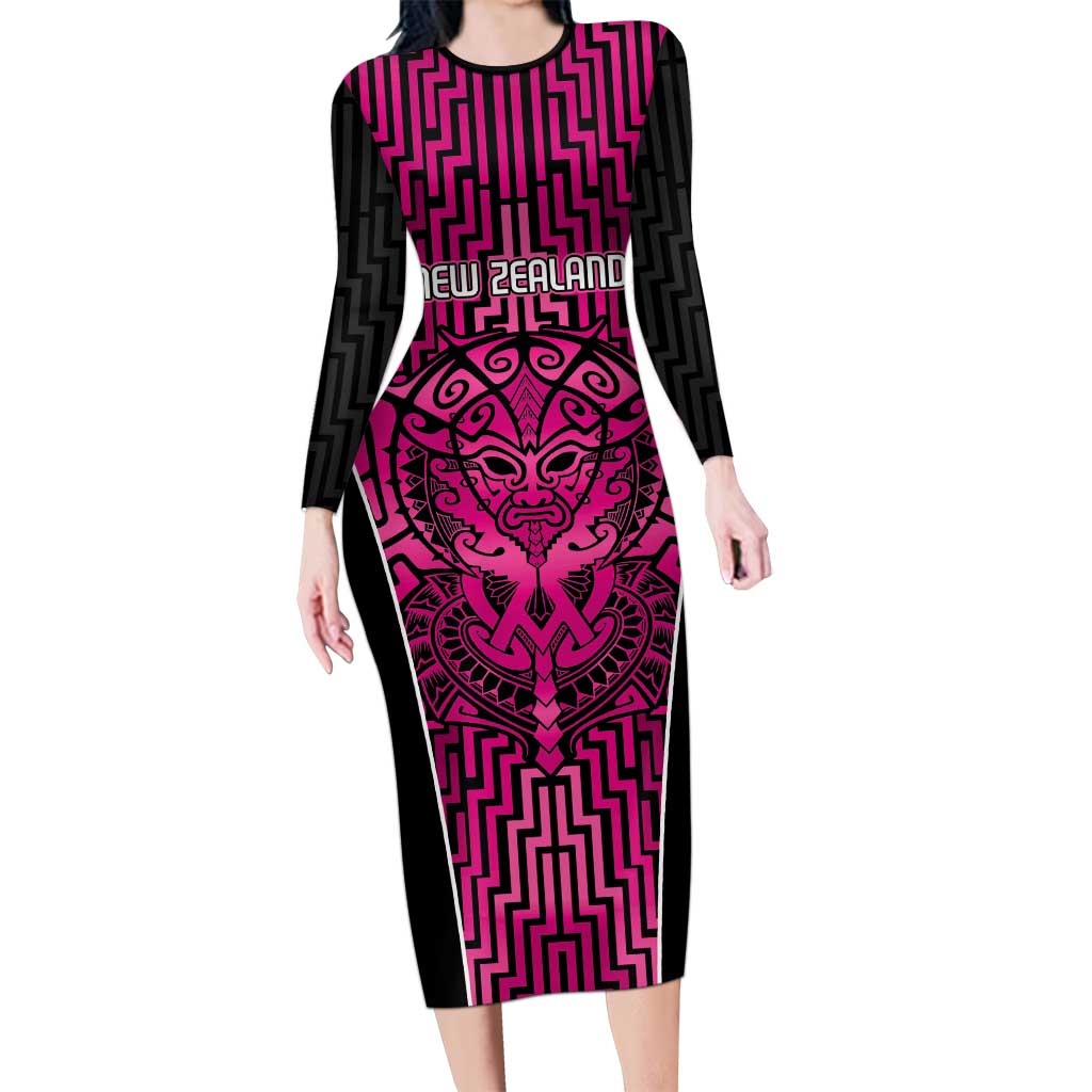Custom Basketball New Zealand Long Sleeve Bodycon Dress Pink Maori Ta Moko Indigenous - Polynesian Pride