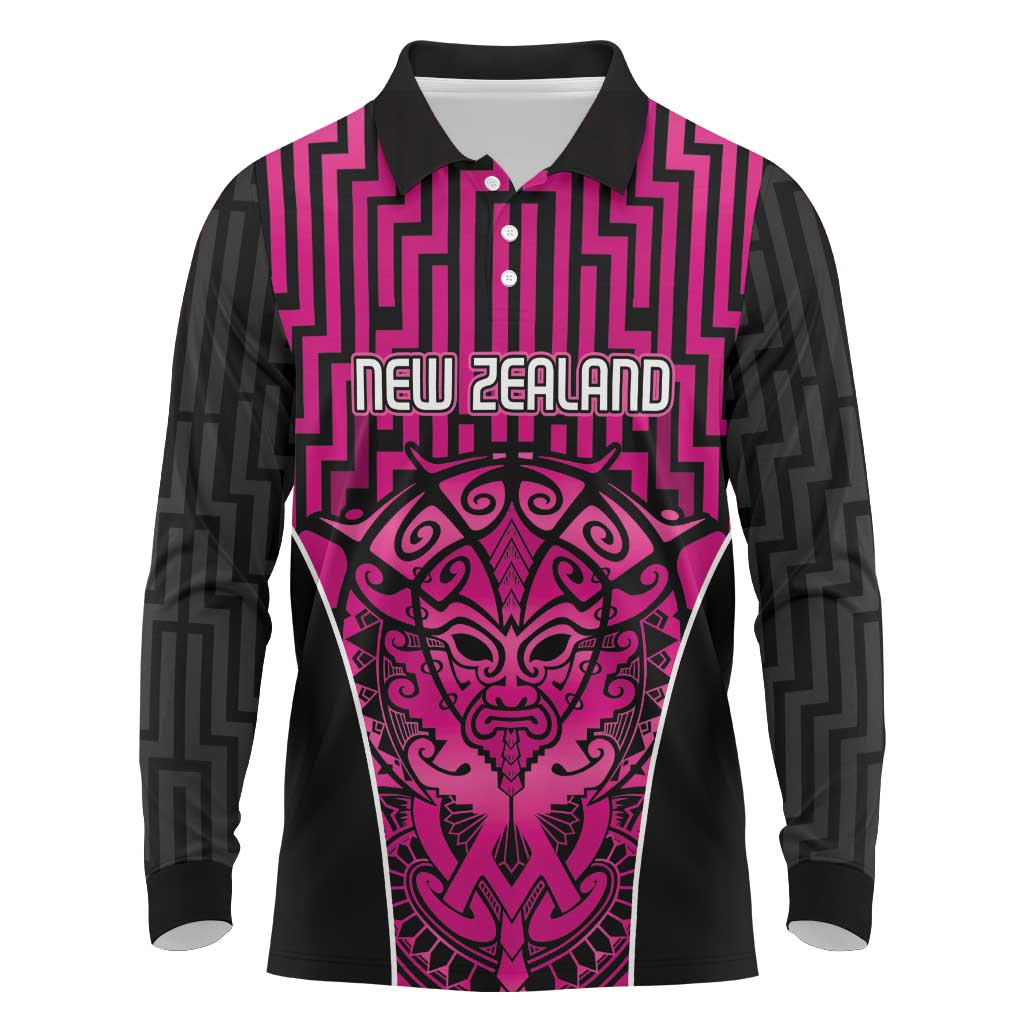 Custom Basketball New Zealand Long Sleeve Polo Shirt Pink Maori Ta Moko Indigenous LT9 Pink - Polynesian Pride