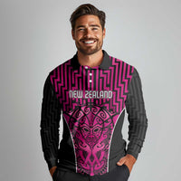 Custom Basketball New Zealand Long Sleeve Polo Shirt Pink Maori Ta Moko Indigenous LT9 - Polynesian Pride