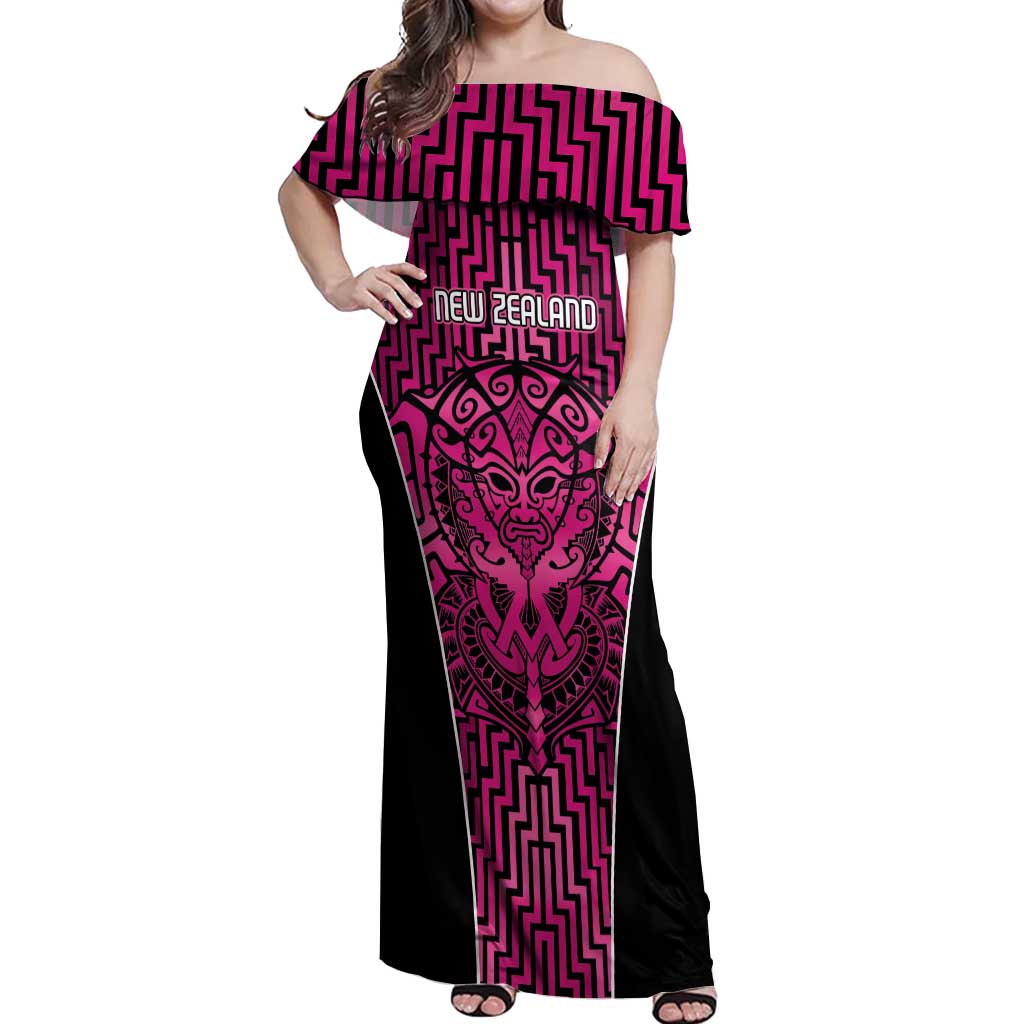 Custom Basketball New Zealand Off Shoulder Maxi Dress Pink Maori Ta Moko Indigenous LT9 Women Pink - Polynesian Pride