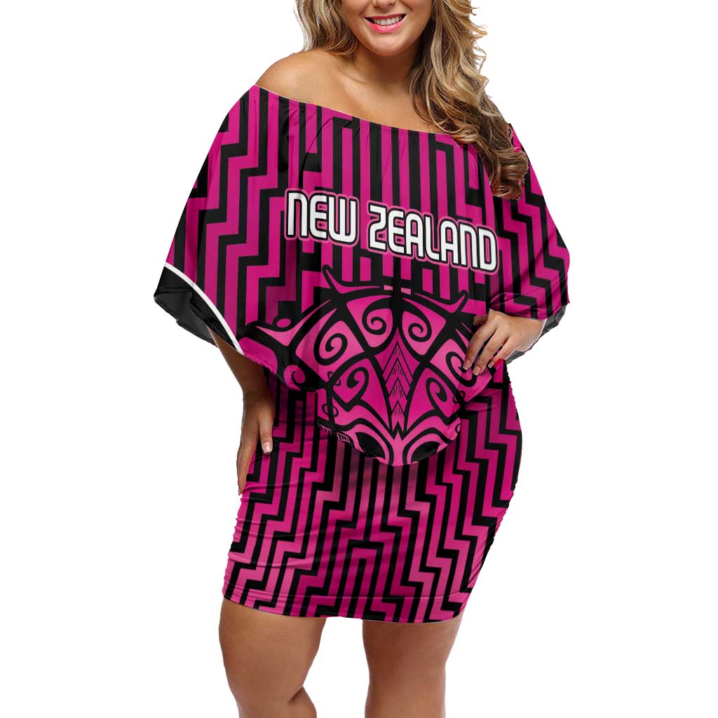 Custom Basketball New Zealand Off Shoulder Short Dress Pink Maori Ta Moko Indigenous LT9 Women Pink - Polynesian Pride