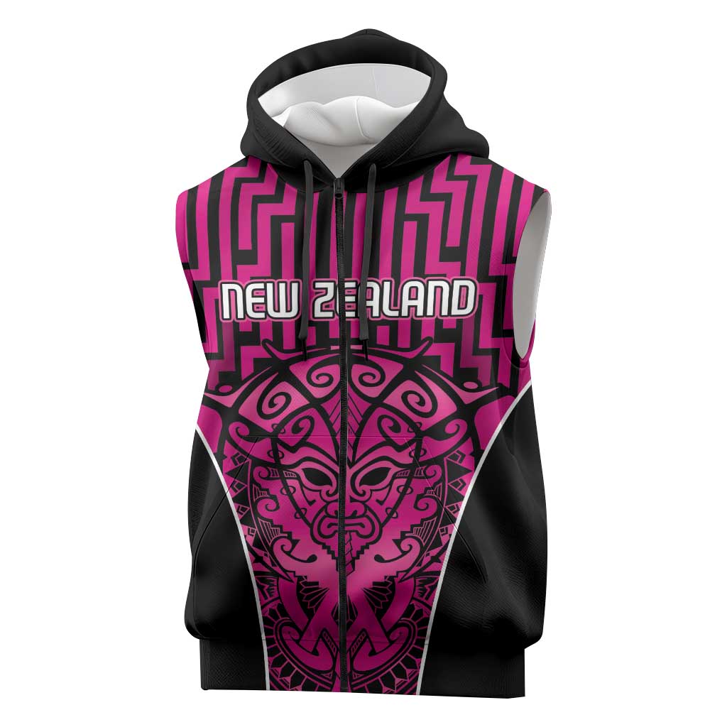 Custom Basketball New Zealand Sleeveless Zip Hoodie Pink Maori Ta Moko Indigenous LT9 Pink - Polynesian Pride