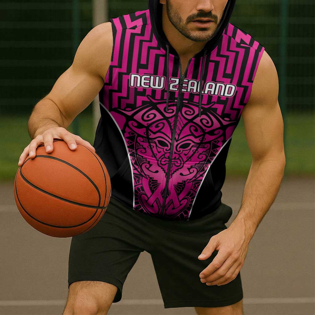 Custom Basketball New Zealand Sleeveless Zip Hoodie Pink Maori Ta Moko Indigenous LT9 - Polynesian Pride
