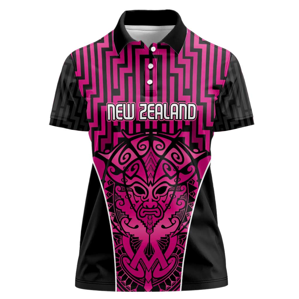 Custom Basketball New Zealand Women Polo Shirt Pink Maori Ta Moko Indigenous - Polynesian Pride