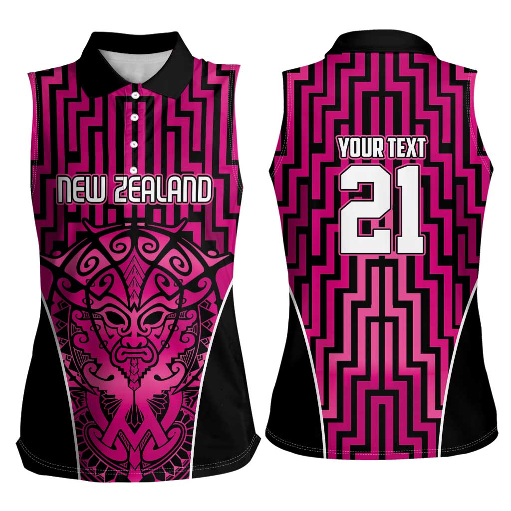 Custom Basketball New Zealand Women Sleeveless Polo Shirt Pink Maori Ta Moko Indigenous LT9 - Polynesian Pride