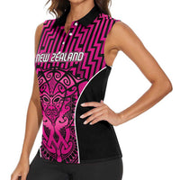 Custom Basketball New Zealand Women Sleeveless Polo Shirt Pink Maori Ta Moko Indigenous LT9 - Polynesian Pride