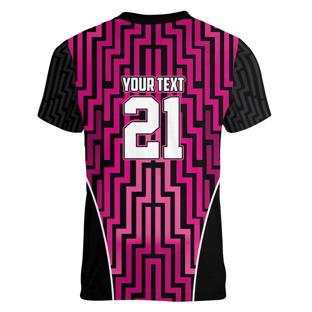 Custom Basketball New Zealand Women V-Neck T-Shirt Pink Maori Ta Moko Indigenous LT9 - Polynesian Pride