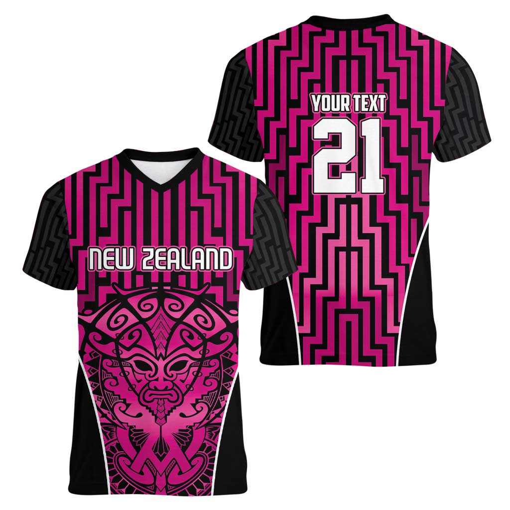 Custom Basketball New Zealand Women V-Neck T-Shirt Pink Maori Ta Moko Indigenous LT9 - Polynesian Pride