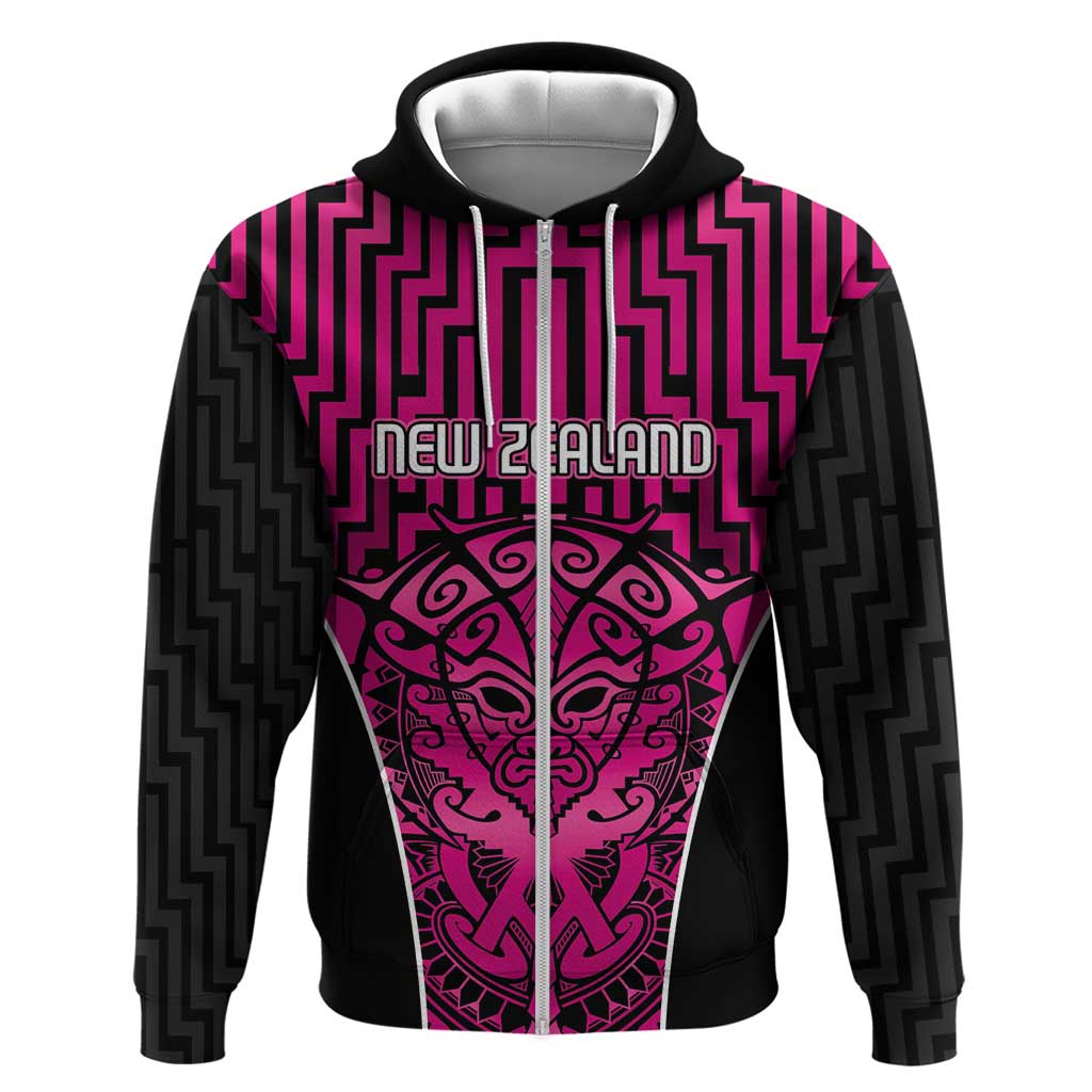 Custom Basketball New Zealand Zip Hoodie Pink Maori Ta Moko Indigenous - Polynesian Pride