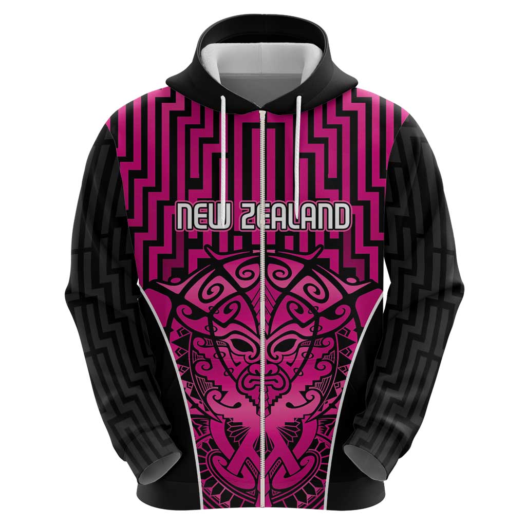 Custom Basketball New Zealand Zip Hoodie Pink Maori Ta Moko Indigenous LT9 - Polynesian Pride