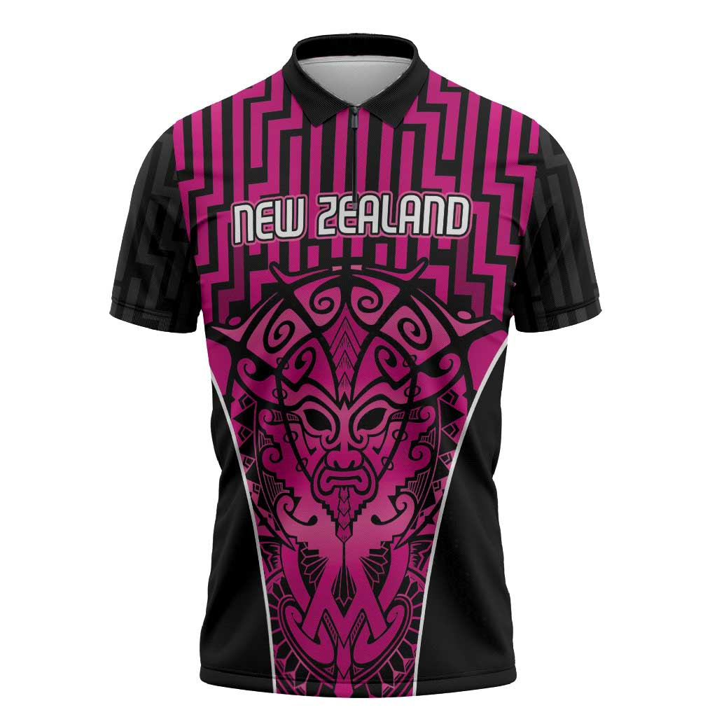 Custom Basketball New Zealand Zipper Polo Shirt Pink Maori Ta Moko Indigenous LT9 Pink - Polynesian Pride