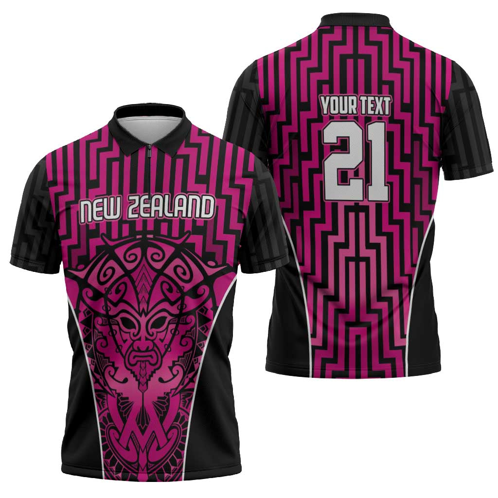 Custom Basketball New Zealand Zipper Polo Shirt Pink Maori Ta Moko Indigenous LT9 - Polynesian Pride