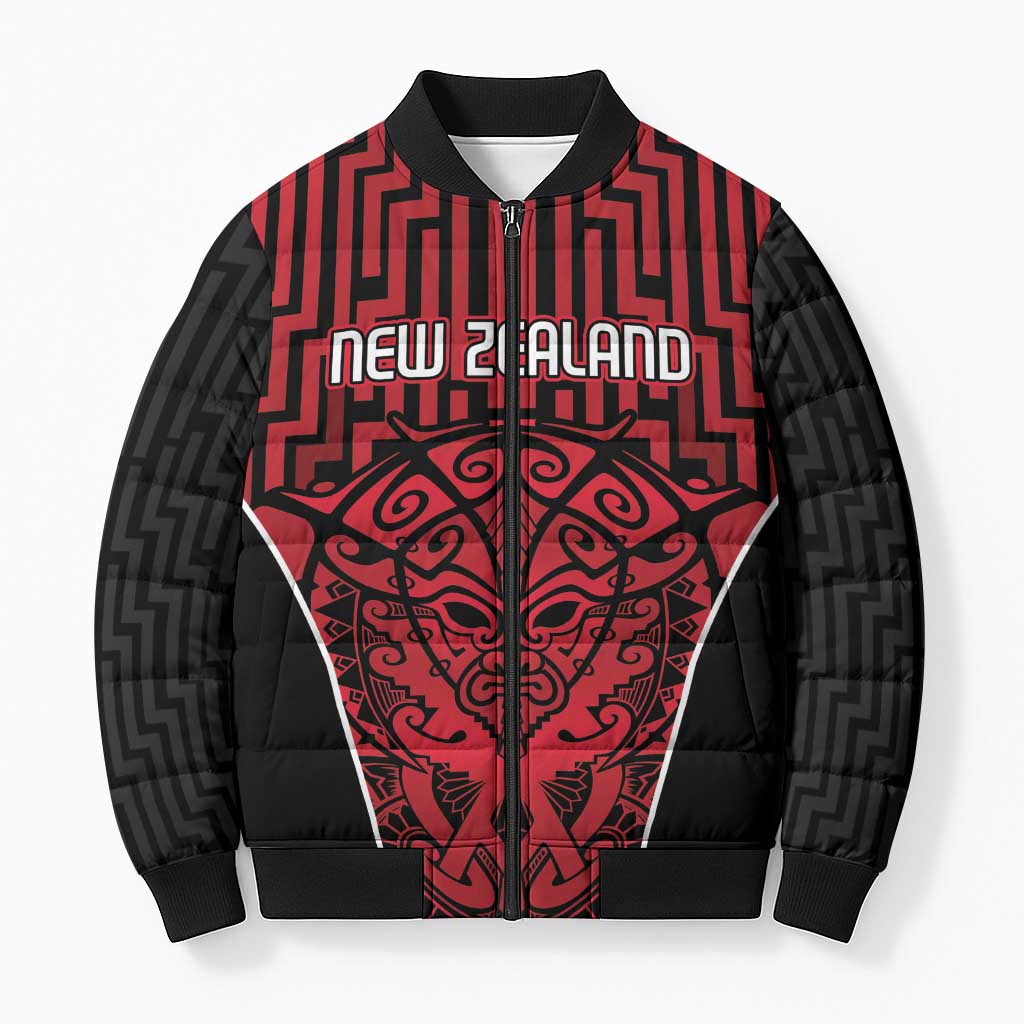 Custom Basketball New Zealand Bomber Puffer Jacket Red Maori Ta Moko Indigenous - Polynesian Pride