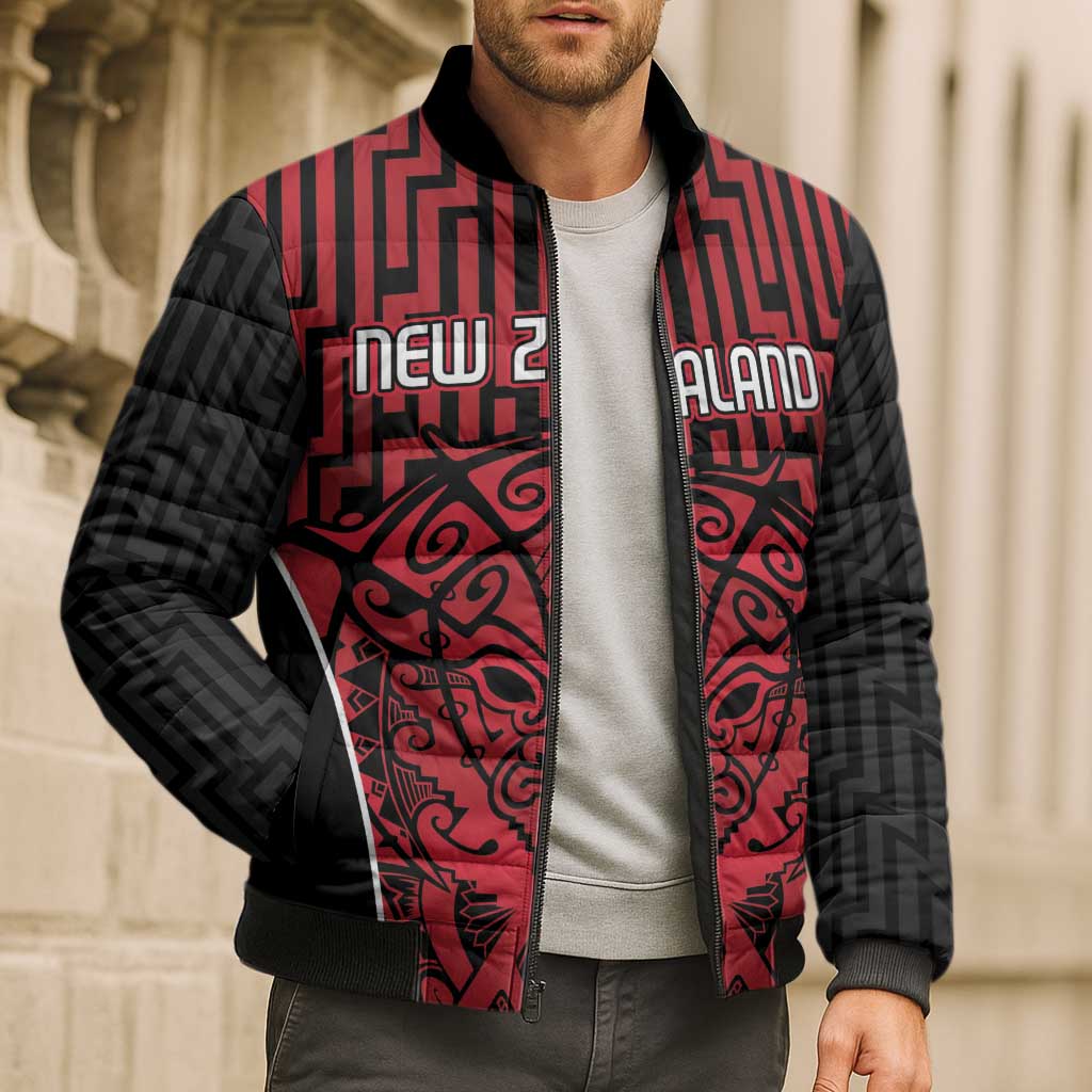 Custom Basketball New Zealand Bomber Puffer Jacket Red Maori Ta Moko Indigenous - Polynesian Pride