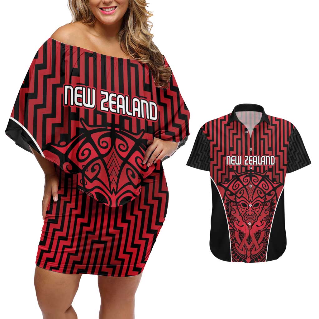 Custom Basketball New Zealand Couples Matching Off Shoulder Short Dress and Hawaiian Shirt Red Maori Ta Moko Indigenous - Polynesian Pride