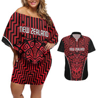 Custom Basketball New Zealand Couples Matching Off Shoulder Short Dress and Hawaiian Shirt Red Maori Ta Moko Indigenous LT9 Red - Polynesian Pride