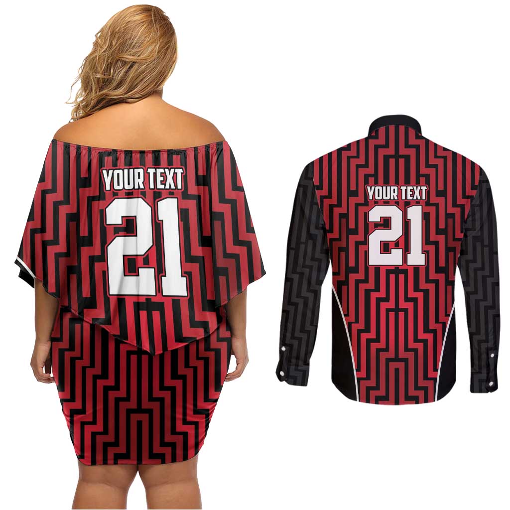 Custom Basketball New Zealand Couples Matching Off Shoulder Short Dress and Long Sleeve Button Shirt Red Maori Ta Moko Indigenous LT9 - Polynesian Pride
