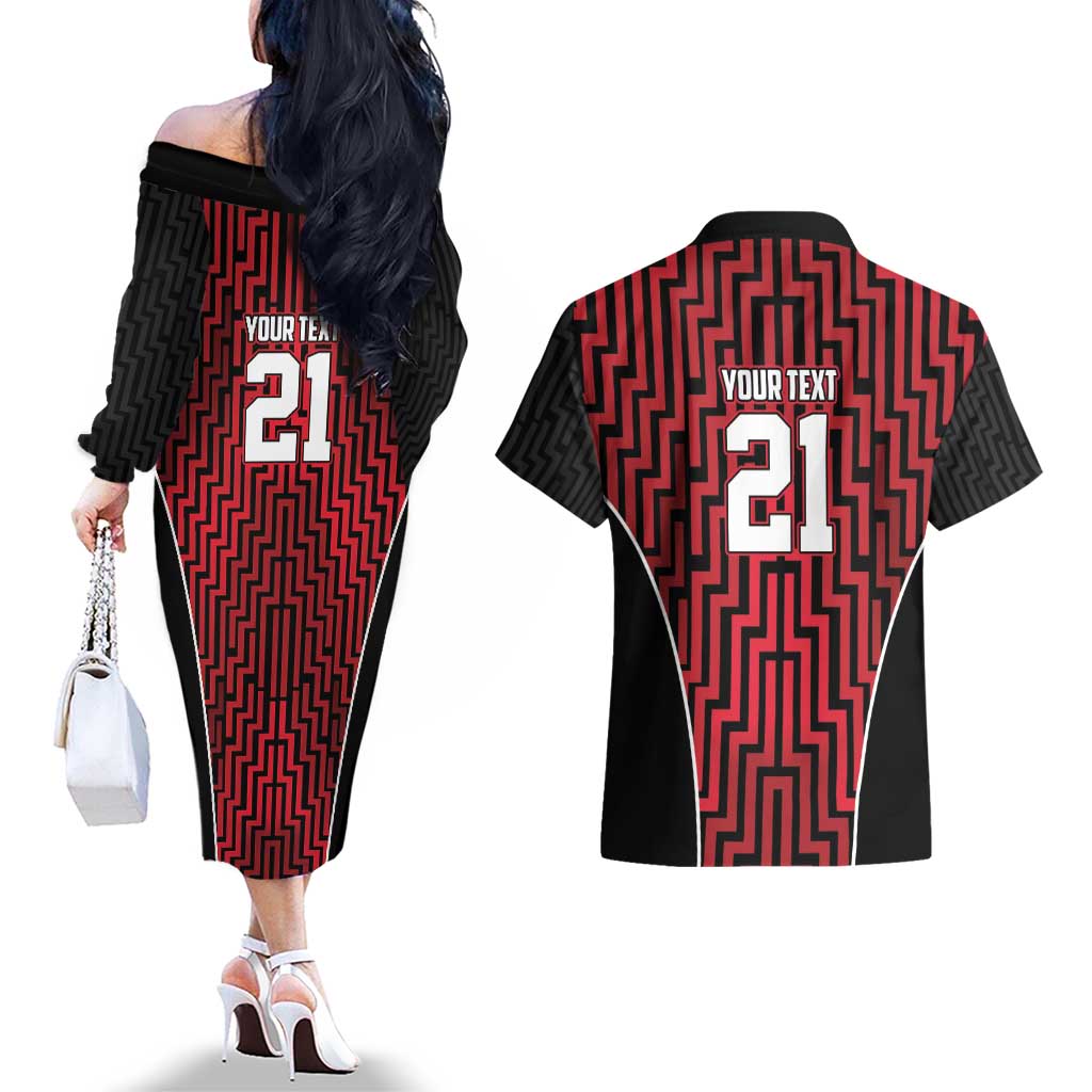 Custom Basketball New Zealand Couples Matching Off The Shoulder Long Sleeve Dress and Hawaiian Shirt Red Maori Ta Moko Indigenous LT9 - Polynesian Pride