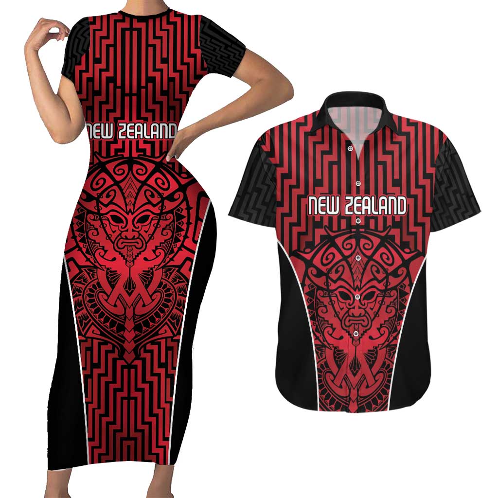 Custom Basketball New Zealand Couples Matching Short Sleeve Bodycon Dress and Hawaiian Shirt Red Maori Ta Moko Indigenous - Polynesian Pride