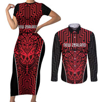 Custom Basketball New Zealand Couples Matching Short Sleeve Bodycon Dress and Long Sleeve Button Shirt Red Maori Ta Moko Indigenous - Polynesian Pride