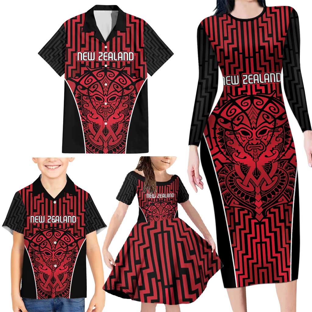 Custom Basketball New Zealand Family Matching Long Sleeve Bodycon Dress and Hawaiian Shirt Red Maori Ta Moko Indigenous LT9 - Polynesian Pride