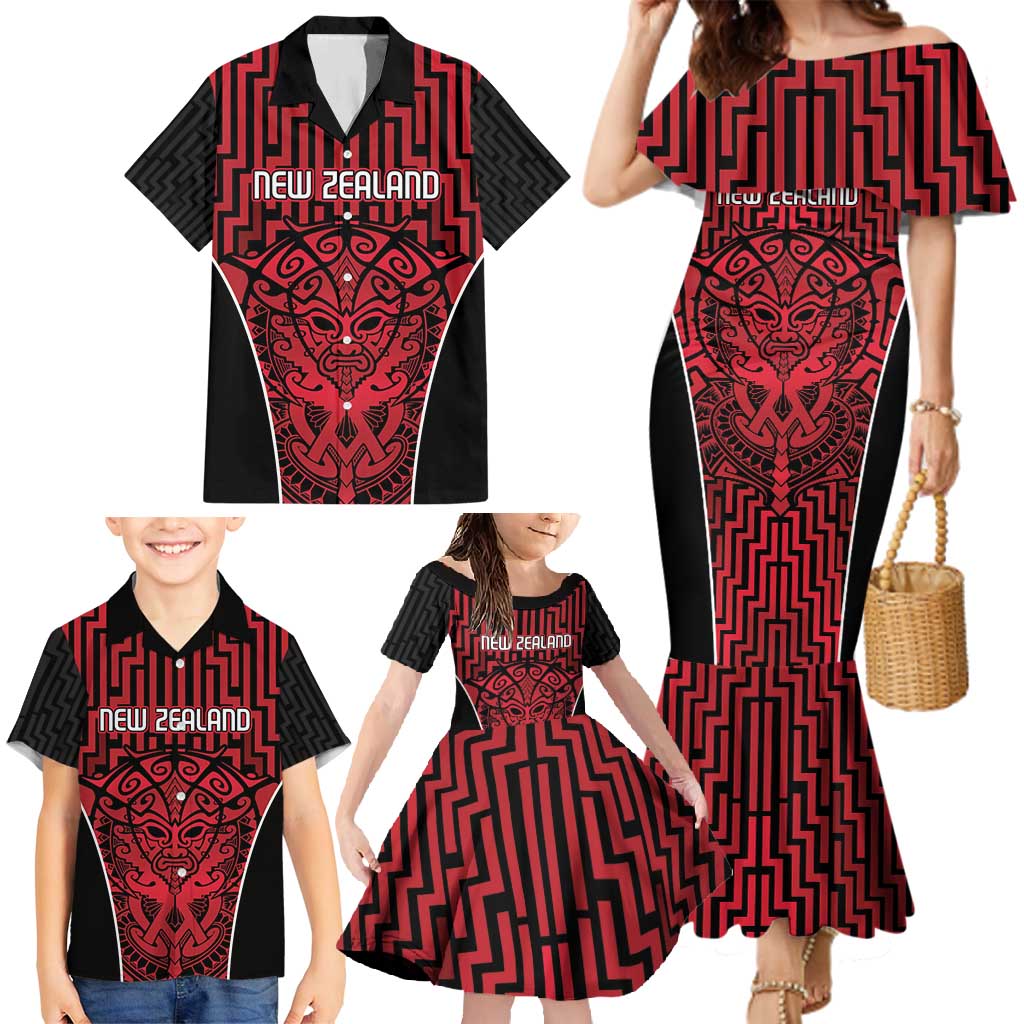 Custom Basketball New Zealand Family Matching Mermaid Dress and Hawaiian Shirt Red Maori Ta Moko Indigenous LT9 - Polynesian Pride