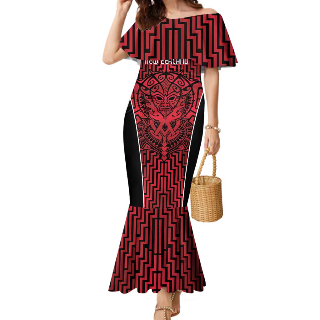 Custom Basketball New Zealand Family Matching Mermaid Dress and Hawaiian Shirt Red Maori Ta Moko Indigenous LT9 Mom's Dress Red - Polynesian Pride