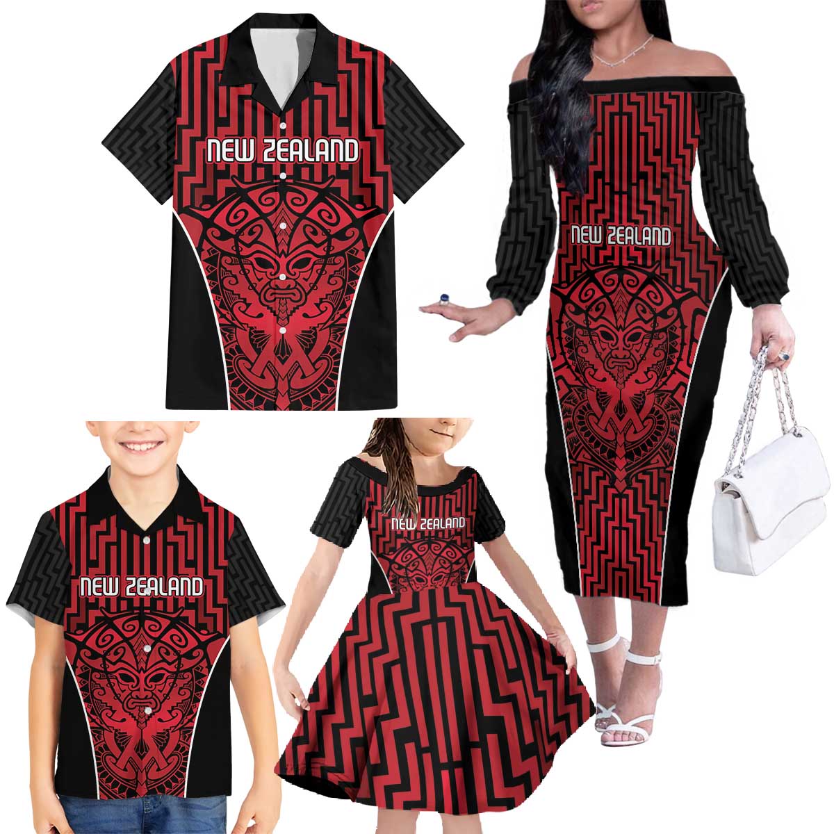 Custom Basketball New Zealand Family Matching Off The Shoulder Long Sleeve Dress and Hawaiian Shirt Red Maori Ta Moko Indigenous - Polynesian Pride